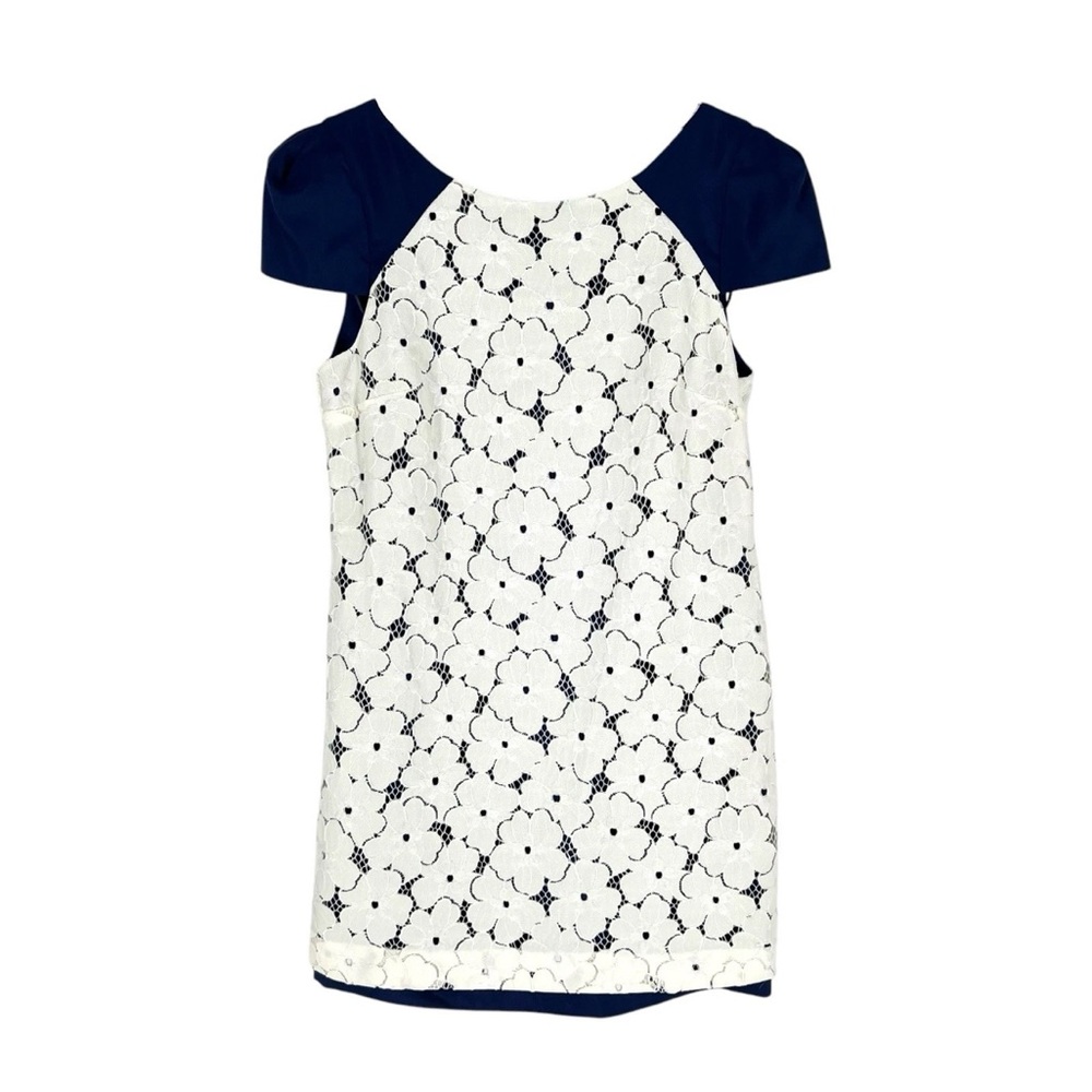 Tibi Dress Womens Size 6 White Ivory Floral Lace Overlay Blue Silk Short Sleeve